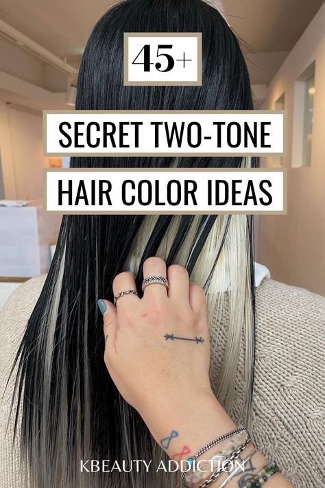 Hair color ideas Two Tone Hair Color Sectioning, Brunette Two Tone Hair, Color Block Long Hair, Secret Two Tone Hair Color, Halo Hair Color Ideas For Brunettes, Two Tone Korean Hair, Two Tone Hair Color Ideas Underneath, Korean Two Tone Hair Color, Under Tone Hair Color