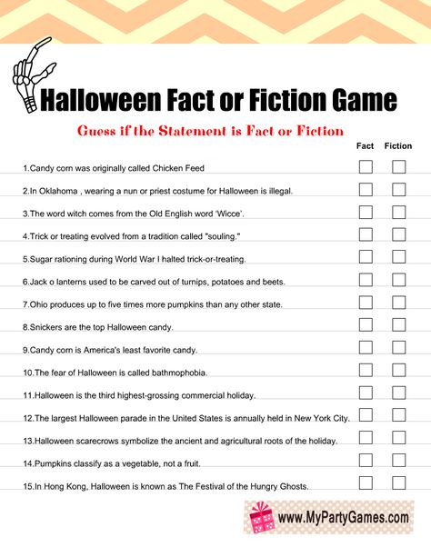 Free Printable Halloween Fact or Fiction Game Senior Center Halloween Party, Elderly Halloween Activities, Fact Or Fiction Game Free Printable, Halloween Games Free Printable, Halloween Party Games For Adults Free Printable, Halloween Staff Games, Fact Or Fiction Questions, Halloween Activities For Senior Citizens, Halloween Games For Seniors Citizens