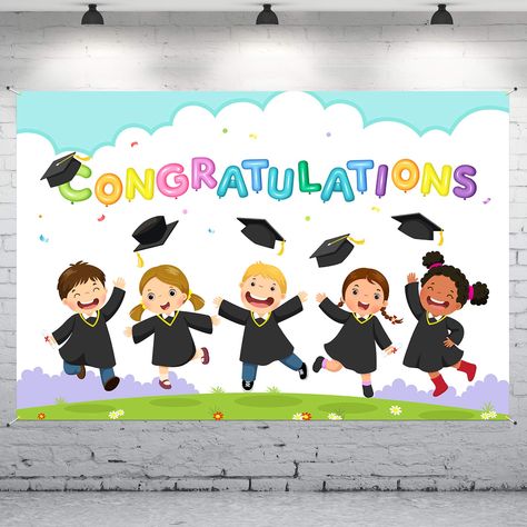 PRICES MAY VARY. 👨‍🎓 Packing includes: a piece congratulations banner, length 71 x 47 inch/ 180 x 120 cm, comes with a 10 ft/ 3m white string, Big enough to decorate your grad theme parties. 👩‍🎓 Easy to assemble: there are 4 copper holes respectively distribute in the 4 corners of the congratulations backdrop, comes with a 10 ft/ 3m white string, it's easy to install, you can save time and energy. 🎈 Material: Congratulations backdrop is made of thick polyester fabrics with vibrant printing, Congratulations Backdrop, Kindergarten Graduation Backdrop, Preschool Graduation Decorations, Graduation Background, Preschool Graduation Party, Grad Banner, Congratulations Banner, Award Ribbon, Graduation Backdrop