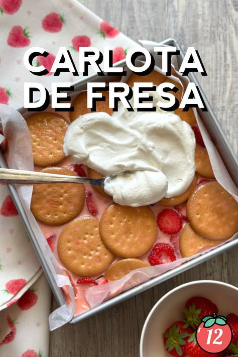 Carlota de Fresa is a creamy delight! Using a pantry duo of milks you inject the strawberry flavor both in the base and in the layering process. A zest of lime throughout brightens the creamy contents, while the simple cookies act as scaffolding, absorbing all of the delicious milks. The result is something quite unlike your semi-homemade icebox cake out there. Frozen Strawberry Cake, Charlotte Dessert, Icebox Desserts, Tomatoes Recipes, Plain Cookies, 12 Tomatoes Recipes, Frozen Strawberry, Simple Cookies, Semi Homemade