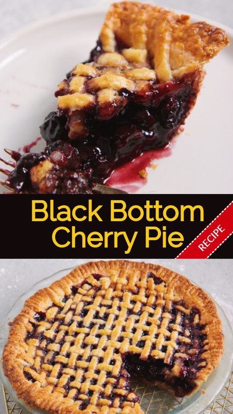 To make a black bottom pie, a thick layer of rich dark chocolate ganache is spread over the bottom crust. For the filling, sweet black cherries are combined with Amarena cherries, demerara sugar, and tapioca starch. The glossy cherries tumble over the ganache, and a tight-woven lattice blankets all. The combination of flavors and textures is heavenly, and almost naughtily rich. It would be devilishly good with a scoop of vanilla ice cream gelato. Black Cherry Pie Recipe, Cherry Chocolate Pie, Dark Cherry Recipes, Black Cherry Pie, Black Bottom Pie, Cherry Wine Hozier, Chocolate Cherry Pie, Amarena Cherries, She Is Mine