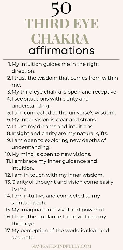 third eye chakra affirmations Chakra Healing Affirmations, Third Eye Chakra Healing, Strong Intuition, Sacral Chakra Affirmation, Mental Balance, Chakra Affirmations, Healing Affirmations, Inner Guidance, New Possibilities