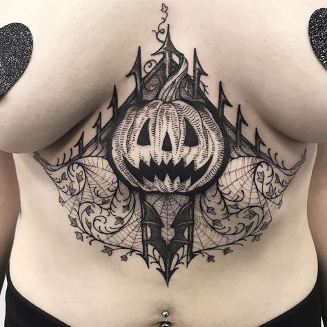 Pumpkin Tattoo Ideas, Pumpkin Tattoo, Wicked Tattoos, Witch Tattoo, Facial Tattoos, Spooky Tattoos, Gothic Tattoo, Stomach Tattoos, Sternum Tattoo