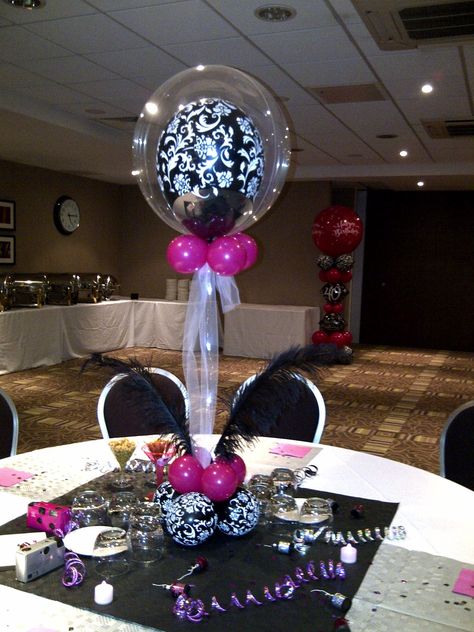 60th+birthday+party+ideas+for+women | Centre pieces with pretty damask printed balloons - finished with ... Masquerade Entrance, Black Centerpieces, 40th Bday Ideas, Silver Party Decorations, Purple Birthday Party, Birthday Party Centerpieces, Purple Birthday, Silver Party, Birthday Centerpieces