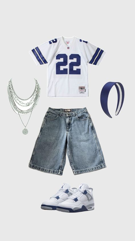 silver layered necklace, blue and white jersey, jorts, jordan 4s, Summer Streetwear Outfits, Jorts Outfit, Street Style Outfits Casual, Latina Fashion Outfits, Blue Jersey, Outfit Inspo Casual, Baggy Clothes, Jersey Outfit, Outfit Look