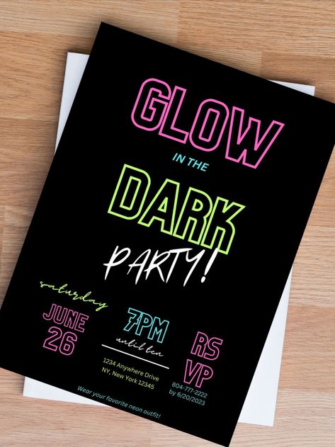 Glow In The Dark Invitations, Glow Party Invitations, Neon Wedding Invitations, Neon Party Invitations, Golf Invitation, 18th Bday, Youth Games, Youth Activities, Neon Nights