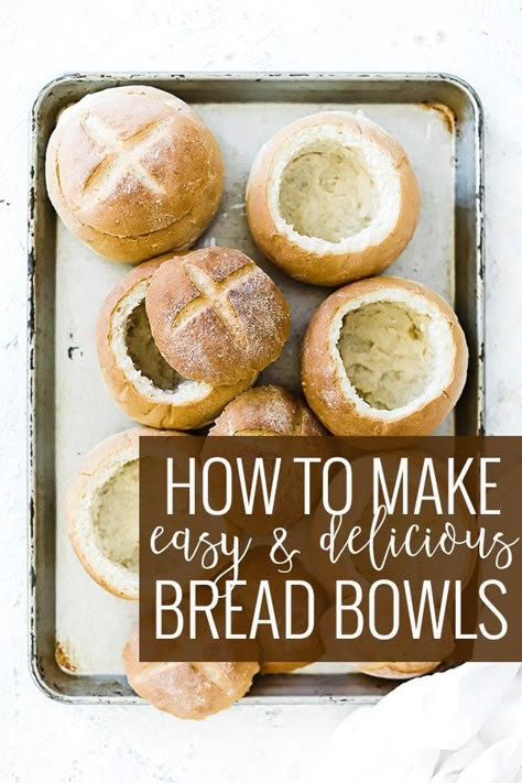 Tender, flakey, and easy! In this post we show you how to make bread bowls. They are the perfect companion to any creamy soup. What is better than a bowl that you can eat?! || Oh So Delicioso Panera Bread Bowl, Mini Bread Bowls, Bread Bowl Soup, Homemade Bread Bowls, Bread Bowl Recipe, Ham And Potato Soup, Almond Bread, The Metric System, Make Bread