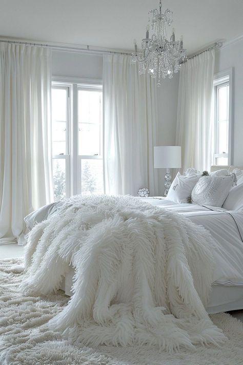 29 Summer Bedroom Decor Ideas for a Refreshing Seasonal Update 17 Romantic White Bedroom, White Fluffy Bed, White Light Aesthetic, White Fluffy Carpet, White Fluffy Bedding, Dream Beds, White And Silver Bedroom, White Bedroom Cozy, Silver Bedroom Decor