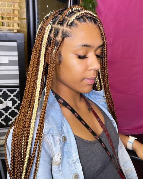 Multi Color Box Braids Black Women, Blonde And Brown Hair Color Black Women Braids, Best Braids Colour Combo, Shades Of Brown Knotless Braids, Peekaboo Hair Color Blonde Brown, Multicolored Braids Black Women, Box Braids Hair Color Ideas, Black Braids With Color, Color Combos Braids