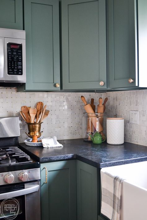 Modern Kitchen with Vintage Touches - Budget Friendly Makeover - Refresh Living English Style Kitchen, Blue Green Kitchen, Ceiling Wood, Beam Ceiling, Cabinets Painted, Teal Kitchen, Blue Kitchen Cabinets, Green Kitchen Cabinets, Kitchen Cabinet Colors