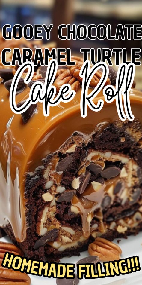 Gooey Chocolate Caramel Turtle Cake Roll Decadent Chocolate Caramel Turtle Cake Roll, Pecan Pie Cake Roll Recipe, Caramel Log Bars, German Chocolate Roll Cake, Brownie Roll Cake, Cakerolls Recipe, Dessert Recipes Caramel, Roll Up Cakes, Biscoff Cake Roll