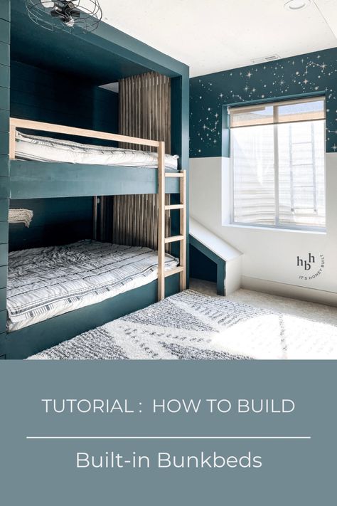 Queen Builtin Bunks Reveal | Honey Built Home Bunk Bed On Wall, How To Build A Bunk Bed Diy, Full Over Queen Bunk Bed Plans, Diy Full Size Bunk Beds, Top Bunk Bed Ideas, Queen Over Queen Bunk Beds, Bunk Bed Slide, Bunk Bed Plan, Full Size Bunk Beds