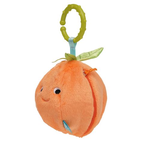 Fruity fun for little ones on the go! This orange travel toy has embroidered facial features and a zippered compartment that holds three soft fabric orange slices. Tethered by silky-soft ribbons, each slice include three unique features - rattle, squeaker and crinkle textures. It easily attaches to carriers, strollers, cribs and more with its textured plastic C-clip that doubles as a teether. Great for on-the-go play while encouraging motor development and cause and effect learning. Specs Ages 0 months+ Item dims: 8H X 4W X 4D | 20.3CM X 10.2CM X 10.2CM Surface wash only This product meets or exceeds EN71 and CPSIA safety regulations About Manhattan Toy: Manhattan Toy creates inspired toys for early childhood. Their goal is to bring joy to everyday play. They believe that kids learn throug Fabric Teether, Baby Travel Toys, Apple Farm, Mom Accessories, Motor Development, Baby Travel, Stroller Toys, Crinkle Fabric, Orange Baby