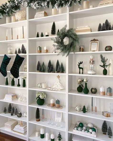 Tara Milk Tea, Bookcase Decor, Christmas Decor Inspiration, Christmas Inspo, Modern Shelving, Minimalist Christmas, Christmas Decorations For The Home, October 2, Mantle Decor