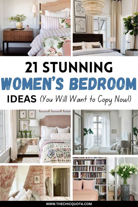 Blog post about 21 stunning women's bedroom ideas. Click to read more! Women's Bedroom Ideas, Feminine Bedroom Elegant, Feminine Bedroom Decor, All White Bedroom, Feminine Bedroom, Woman Bedroom, Take Notes, Elegant Bedroom, Chic Bedroom