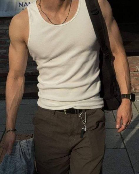 White Beater Outfit Men, Male Tank Top Outfit, Tank Tops Outfits Men, Tank Top Men’s Outfit, Muscle Shirt Outfit Men, Guy In Tank Top, Muscle Tee Outfit Men, Tank Top Men Aesthetic, Mens Tank Top Outfits