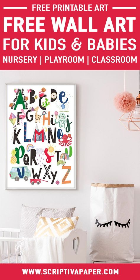 Get this free printable alphabet wall art for your nursery, child's bedroom, classroom, homeschool room, or playroom! Hand drawn illustrations for phonetic alphabet art. Download and print it for free today! Looking for nursery decor ideas? Need new playroom wall decor? Want ideas for homeschool room design and decor? We have what you need for FREE! Download it today! #wallart #art #nursery #alphabet #homeschool #decor #abc Diy Abc Wall Decor, Free Printable Wall Art For Kids, Alphabet Homeschool, Playroom Wall Ideas, Grandchildren Bedroom, Alphabet Wall Art Nursery, Playroom Printables, Homeschool Room Design, Nursery Alphabet