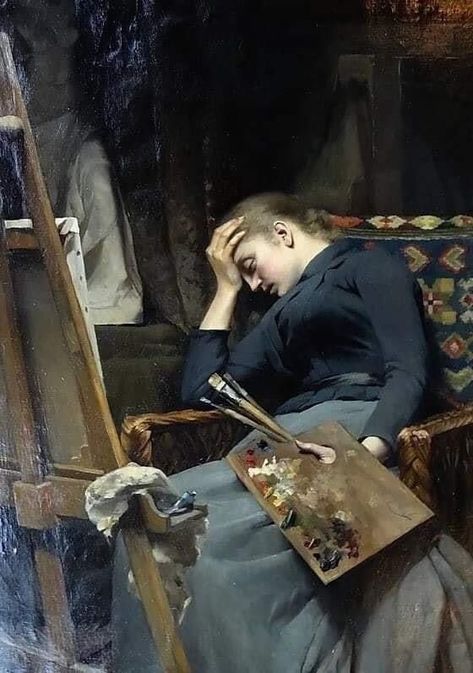 Academic Aesthetic — Resting by the Easel by Emma Josepha Sparre (1890) Istoria Modei, Art Sacre, Classic Paintings, Old Paintings, Classical Art, Arte Horror, Old Art, Figure Painting, Female Artists