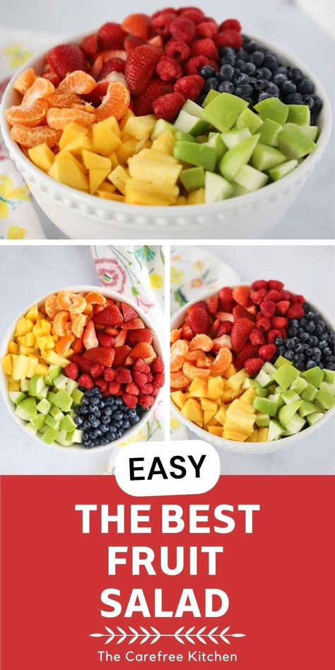 This is an easy rainbow Fruit Salad recipe that combines your favorite fruits with a light citrus glaze dressing. It’s a perfect warm weather side dish or healthy dessert that both adults and kids love. #thecarefreekitchen #fruit #salad #rainbowfruitsalad #healthy #dessert #sidedish Rainbow Fruit Salad, Healthy Fruit Salad Recipes, Citrus Fruit Salad, Fruit Salad Ingredients, Citrus Glaze, Patriotic Recipes, Easy Fruit Salad Recipes, Best Fruit Salad, Dressing For Fruit Salad