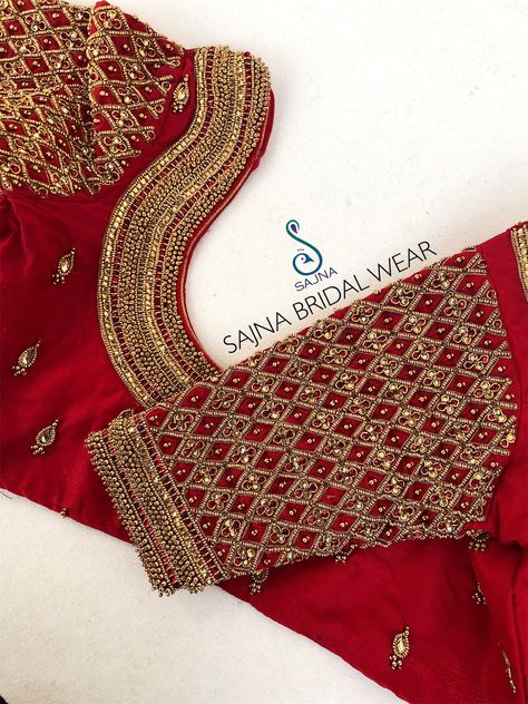 Red Colour Aari Work Blouse Design, Bridal Blouse Designs Heavy Work Red, Trending Pictures, Red Blouse Design, Magam Work Designs, Green Blouse Designs, Magam Work, Blouse Works, Silver Blouse