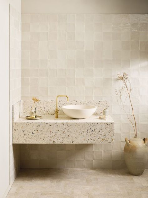 Square Tile Bathroom, Terrazzo Bathroom, Neutral Bathroom, Glazed Walls, Terrazzo Tile, Terrazzo Tiles, Zellige Tile, Glazed Tiles, Hexagonal Mosaic