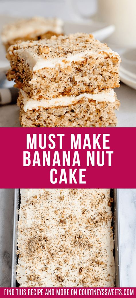 Banana Nut Cake Recipe Easy, Banana Nut Sheet Cake, Banana Cake With Walnuts Recipe, Banana Walnut Recipes, Moist Banana Cake With Peanut Butter Cream Cheese Frosting, Banana Nut Cake With Cream Cheese Icing, Banana Pecan Cake, Banana Walnut Cake Recipe, Banana Nut Bread Cake