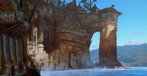 Pirate Cove Establishing, Kevin Jick on ArtStation at https://www.artstation.com/artwork/8OE3O Pirate Cove, Pirates Cove, Creation Art, Location Inspiration, Landscape Concept, Scene Art, Fantasy City, Fantasy Setting, Fantasy Places