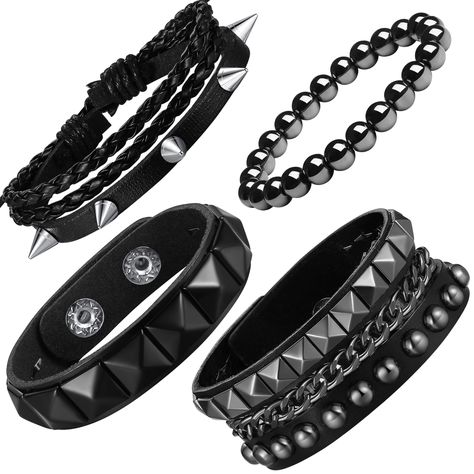 PRICES MAY VARY. Goth Bracelet: XIANNVXI goth bracelet is suitable for men and women who like punk, gothic and rock styles. You can wear a single bracelet or multiple bracelets according to your needs, and you can also match them with other bracelets as an embellishment of your clothes Material: The XIANNVXI punk bracelet is handmade by craftsmen. The combination of wear-resistant artificial leather, alloy rivets and velvet lining makes the bracelet both comfortable and durable Size: The size of Alt Bracelets, Emo Bracelets, Dr Bedroom, Emo Prom, Emo Accessories, Masculine Jewelry, Clothes Material, Spike Bracelet, Single Bracelet