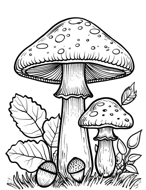 Autumn Mushrooms and Acorns: Mushrooms mixed with acorns and autumn leaves on the forest floor. (Free Printable Coloring Page for Kids) Printable Mushroom Coloring Page, Mushroom Free Printable, Mushroom Clipart Black And White, Free Autumn Coloring Pages, Free Mushroom Printables, Thanksgiving Coloring Pages For Adults, Mushroom Coloring Pages Free Printable, Turkey Coloring Pages Printables, Printable Coloring Pages For Adults Simple