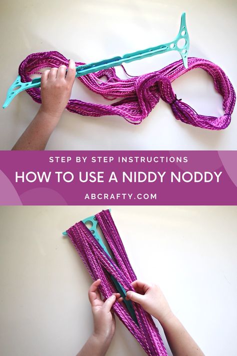 top photo is a hank of hand spun pink yarn while holding a 3d printed 2 yard niddy noddy over it and the bottom photo is diving the yarn in two with the title "how to use a niddy noddy" Yarn Knots Ties, Diy Niddy Noddy, How To Make A Nalbinding Needle, Handspun Yarn Projects, Spinning Yarn Drop Spindle, Knitting & Crochet Tools, Yarn Projects Crochet, Memorial Beads, Spinning Wool