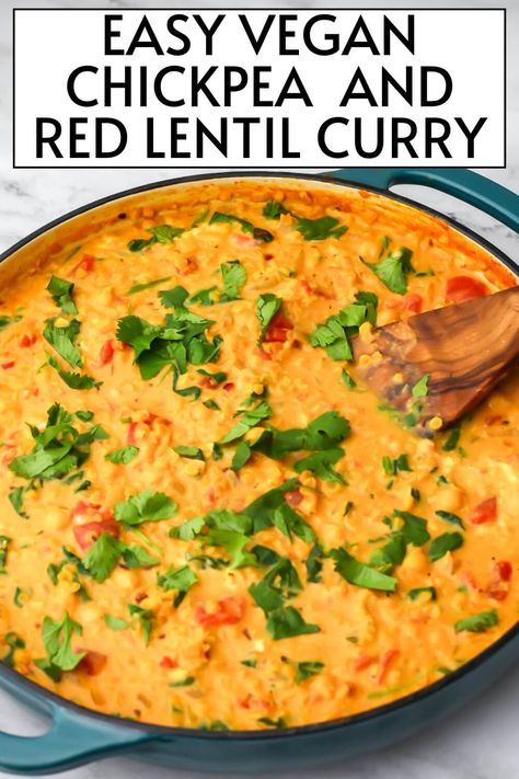 Red Lentil Chickpea Curry, Lentil And Chickpea Curry, Chickpea Lentil Curry, Red Lentil Curry Recipes, Chickpea Lentil, Curry With Chickpeas, Coconut Milk Sauce, Easy Chickpea Curry, Red Lentil Curry