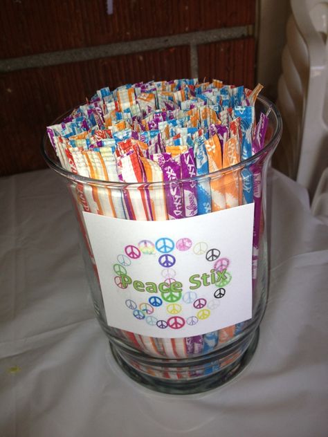 Peace Stix for peace birthday party Peace Love Pool Party, 60s Theme Party Food Ideas, Peace Party Food, Hippy Party Favors, Peace Out Party Ideas, 60s Party Ideas Decoration, Groovy Sweet 16 Party Ideas, Peace Out Summer Party, Peace Sign Birthday Party Ideas