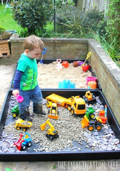 DIY Sand Box and Gravel Pit - The Imagination Tree Diy Sandbox, Natural Play Spaces, Kid Friendly Backyard, Outdoor Kids Play Area, Play Area Backyard, Backyard Kids Play Area, Outdoor Play Spaces, Play Garden, Outdoor Play Areas