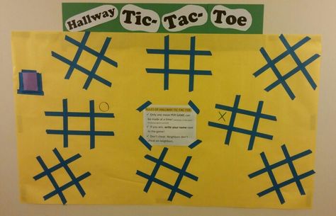 Hallway Tic-Tac-Toe! Rules are in the middle... only one move per game can be made at a time, winner writes their name next to the game, and of course, no cheating! Fun interactive board. Bulitin Board Ideas Interactive, Brain Break Bulletin Board, Team Break Room Ideas, Game Show Bulletin Board Ideas, Interactive Hallway Bulletin Boards, Bulletin Board Games For Work, Team Building Bulletin Board Ideas, Staff Interactive Bulletin Board, Interactive Staff Bulletin Boards