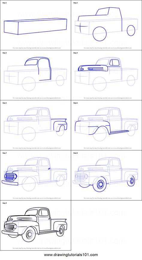 How to Draw Vintage Truck v2 printable step by step drawing sheet : DrawingTutorials101.com Drawing Truck, Vehicle Drawing, How To Draw A Truck, Truck Sketch, How To Draw Cars, How To Draw Vehicles, How To Draw A Truck Step By Step, How To Draw Cars Step By Step, Truck Drawing