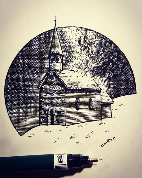 Burning Church Drawing, Pen Art Illustration, Church Sketch, Fire Concept, Burning House, Fire Drawing, Reference Pictures, House Drawing, Pen Art