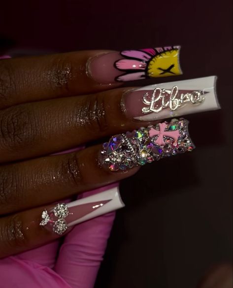 By @icedbymir Libra Bday Nails Ideas, Libra Bday Nails, Birthday Nails Libra Season, Libra Nails Design Birthday, Libra Birthday Nails Design, Cherry Charm Nails, Libra Inspired Nails, Libra Nails Acrylic, 18th Birthday Nails Ideas