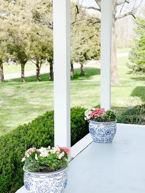 Blue & White Ceramic Planter, … curated on LTK Home Exterior Farmhouse, Aesthetic Front Yard, Porch Hydrangeas, Pots Front Door, Front Door Aesthetic, Landscaping Front Porch, Front Porch Landscaping, Exterior Farmhouse, Hydrangea Potted