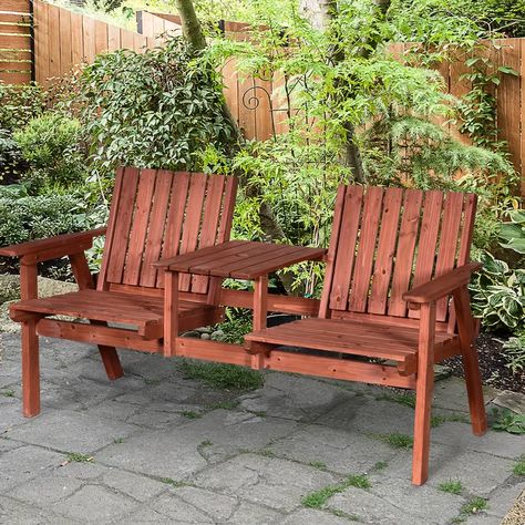 Andover Mills™ Wilhelmina Outdoor Patio Wooden Tete-a-Tete Bench | Wayfair Antique Loveseat, Bench With Table, Small Tea Table, Outside Benches, Middle Table, Garden Cover, Wooden Garden Benches, Parasol Umbrella, Wooden Patios