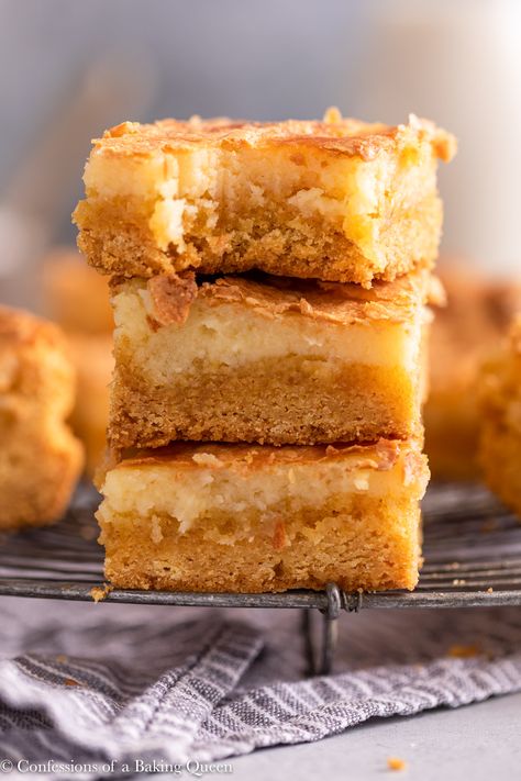 Brown Butter Gooey Cake Bars | Confessions of a Baking Queen Yellow Cake Mix Cream Cheese Bars, Gooey Brown Butter Cake, Brown Butter Cake Desserts, Browned Butter Cake, Brown Butter Bars, Gooey Butter Cake With Yellow Cake, Yellow Cake Mix Bars, Brown Butter Desserts, Butter Gooey Cake