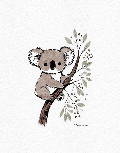 Print of my hand drawn drawing of a koala sitting on a branch. Perfect for baby's room. - Din A5 - 320 g/m2 watercolor paper - Signed - Without frame. @Karoline Leitner Koala Drawing Easy, Cute Koala Drawing, Koala Wallpaper, Koala Cartoon, Kawaii Koala, Koala Illustration, Koala Drawing, Drawing Rocks, Baby Animal Drawings