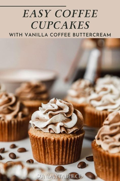 These homemade coffee cupcakes with vanilla coffee buttercream are fluffy, moist, & easy to make from scratch! With instant espresso, they're full of coffee flavor. After they're baked, the espresso cupcakes are topped with a swirled frosting. But you can try other decorating ideas too. The buttercream frosting is the best ever - light, fluffy, & not too sweet! Try filling these cupcakes with chocolate ganache or caramel sauce, or make them gluten free with a flour replacement. Beyond delicious! Basic Cupcake Flavors, Vanilla Filling For Cupcakes, Coffee Cupcake Ideas, Coffee Cupcake Design, Coffee Flavored Cupcakes, Tea Flavored Cupcakes, Coffee Themed Cupcakes, Coffee Cupcakes Recipe, Cupcake Flavors Unique