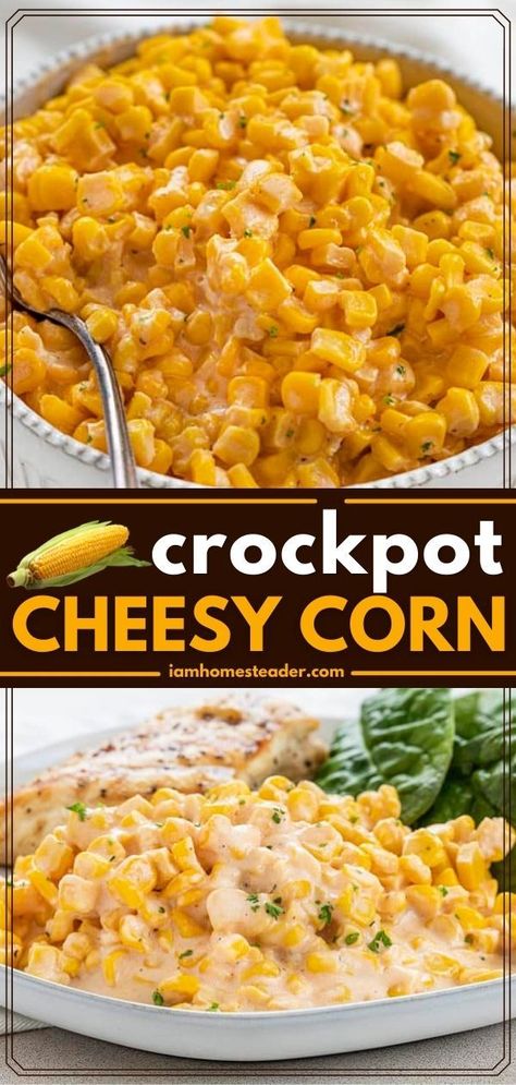 Crockpot Cheesy Corn, Slow Cooker Thanksgiving, Crockpot Thanksgiving, Thanksgiving Dinner Sides, Cheesy Corn Casserole, Corn Recipes Side Dishes, Crockpot Side Dishes, Corn Side Dish, Cheesy Corn