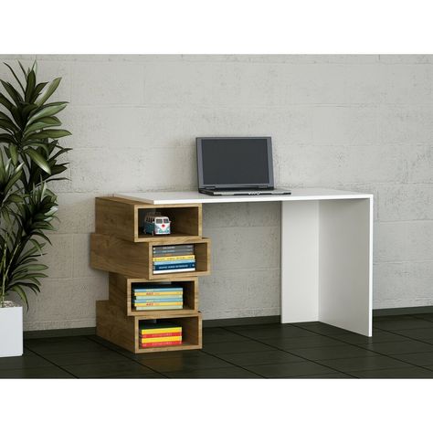 This unique study desk will enhance the atmosphere of the living space with its timeless design. It suits both contemporary and classic lifestyles. Colour: White/Walnut Computer Table Design, Desk Pc, Desktop Table, Study Table Designs, Modern Cupboard, Tv Stand Designs, Shoe Cabinets, Decorating Bookshelves, Modern Cupboard Design