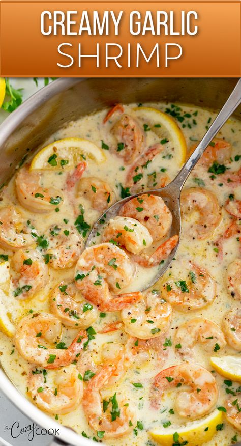 creamy garlic shrimp in a skillet with a creamy garlic sauce. Creamy Garlic Shrimp Skillet, Skillet Meals With Shrimp, Creamy Garlic Shrimp Scampi, Shrimp With White Rice, Healthy Shrimp Scampi Pasta, Seafood With Rice, Garlic Shrimp And Rice Recipes, Best Shrimp Dishes, Shrimp And Scallop Alfredo