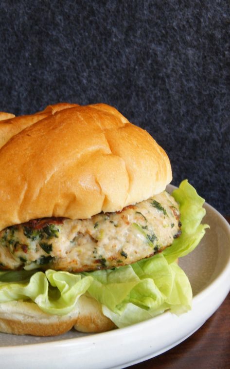 Spinach Asiago Chicken Burgers — Land of 10,000 Recipes White Cheddar And Spinach Chicken Burger, Spinach Burgers, Asiago Chicken, Chicken Hamburger, Chicken Garlic, Garlic Spinach, Healthy Burger, Asiago Cheese, Chicken Burger