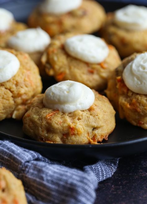 Carrot Cake Thumbprint Cookies are soft carrot cake cookies filled with cream cheese frosting! A fun twist on a classic thumbprint cookie recipe and carrot cake all in one! #cookiesandcups #cookierecipe #carrotcake #thumbprintcookies Thumbprint Cookie Recipe, Coffee Cake Cookies, Thumbprint Cookie, Bite Size Cookies, Carrot Cake Cookies, Thumbprint Cookies Recipe, Delicious Cream, Coconut Cookies, Carrot Cake Recipe