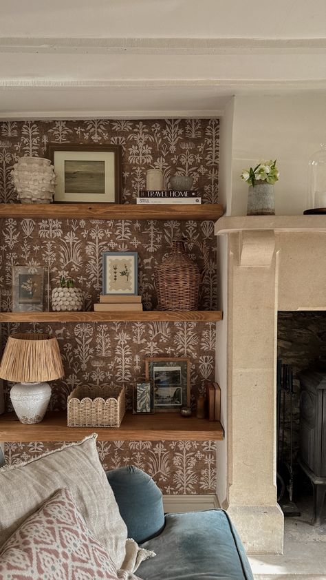 Our wavy mount sitting pretty on our shelves. Lewis and Wood wallpaper behind in Papyrus print. Wallpaper And Shelves, Built In Shelves With Wallpaper Back, Wallpaper Behind Shelves, Papyrus Wallpaper, Lewis And Wood, Brown Combination, Wallpaper Shelves, Blue Frame, Wonderful Weekend