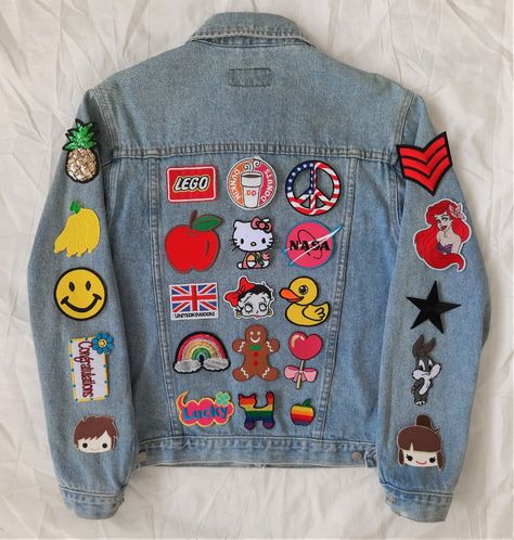 Upcycled Jean Jacket With Patches / Reworked Vintage Jean | Etsy Thailand Patches On Jacket, Jean Jacket With Patches, Patched Pants, Art Pants, Patches Vintage, Pants Diy, Jacket With Patches, Jean Jacket Patches, Jacket Patches