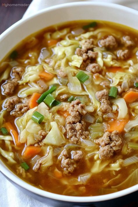 Egg Roll Soup Recipe | Flavorful and Filling Dinner - My Home Made Recipe Ground Turkey Cabbage Soup Recipes, Ground Turkey And Cabbage Soup, Cabbage Turkey Soup, Thai Cabbage Soup, Chicken Cabbage Soup Crockpot, Cabbage Soup With Ground Turkey, Ground Turkey And Cabbage, Turkey Cabbage Soup, Turkey And Cabbage